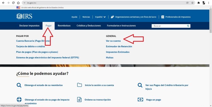 Captura de pantalla de la página oficial del IRS de Estado Unidos