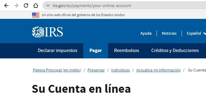 Captura de pantalla de la página oficial del IRS de Estado Unidos
