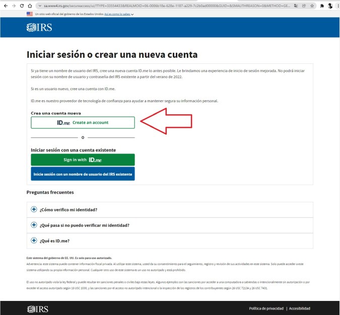 Captura de pantalla de la página oficial del IRS de Estado Unidos