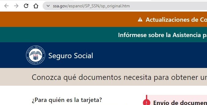 Captura de pantalla de la sección de documentos necesarios para solicitar la tarjeta del Seguro Social.