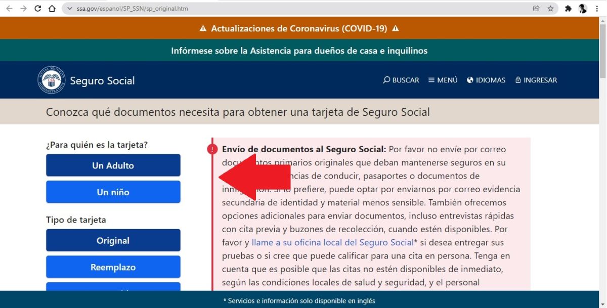 Captura de pantalla de la sección de documentos necesarios para solicitar la tarjeta del Seguro Social.
