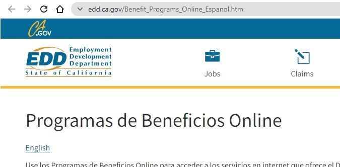 Captura de pantalla del sitio web oficial del Departamento de Desarrollo de Empleo de California.