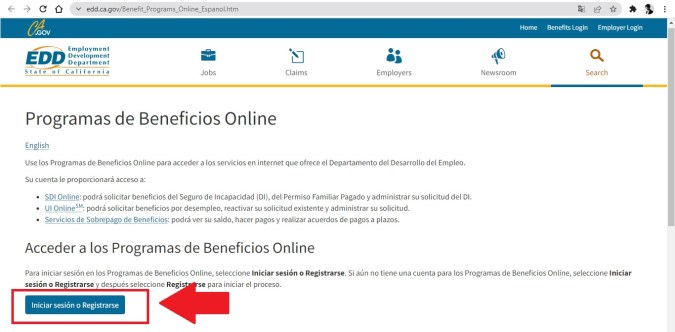 Captura de pantalla del sitio web oficial del Departamento de Desarrollo de Empleo de California.