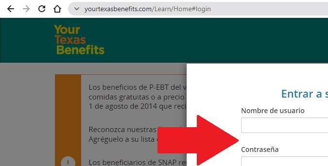 Captura de pantalla de la solicitud en línea del programa SNAP en Texas.