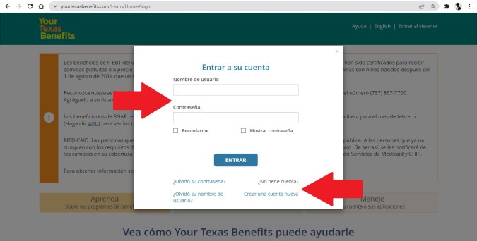 Captura de pantalla de la solicitud en línea del programa SNAP en Texas.