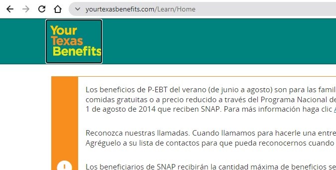 Captura de pantalla de la solicitud en línea del programa SNAP en Texas.