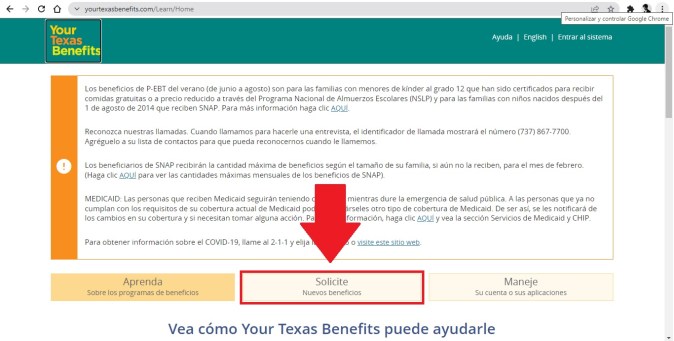 Captura de pantalla de la solicitud en línea del programa SNAP en Texas.