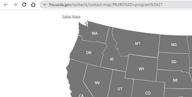 Captura del mapa de los estados participantes den el programa TEFAP de la USDA.