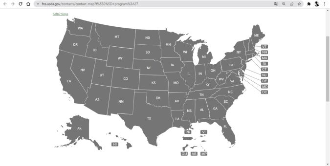Captura del mapa de los estados participantes den el programa TEFAP de la USDA.