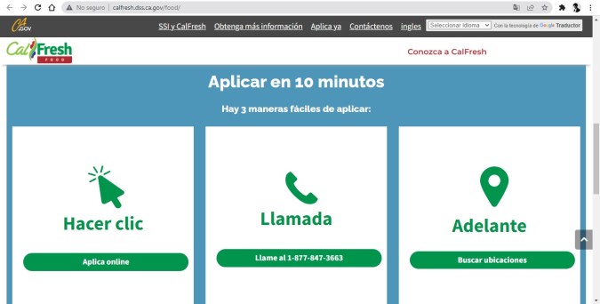Captura de pantalla de la página oficial del programa SNAP Calfresh en California.