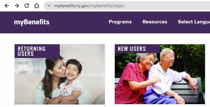 Captura de pantalla de la página de beneficios OTDA Nueva York.