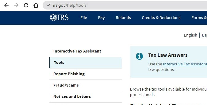 Captura de pantalla de la sección de herramientas de la página oficial del IRS.