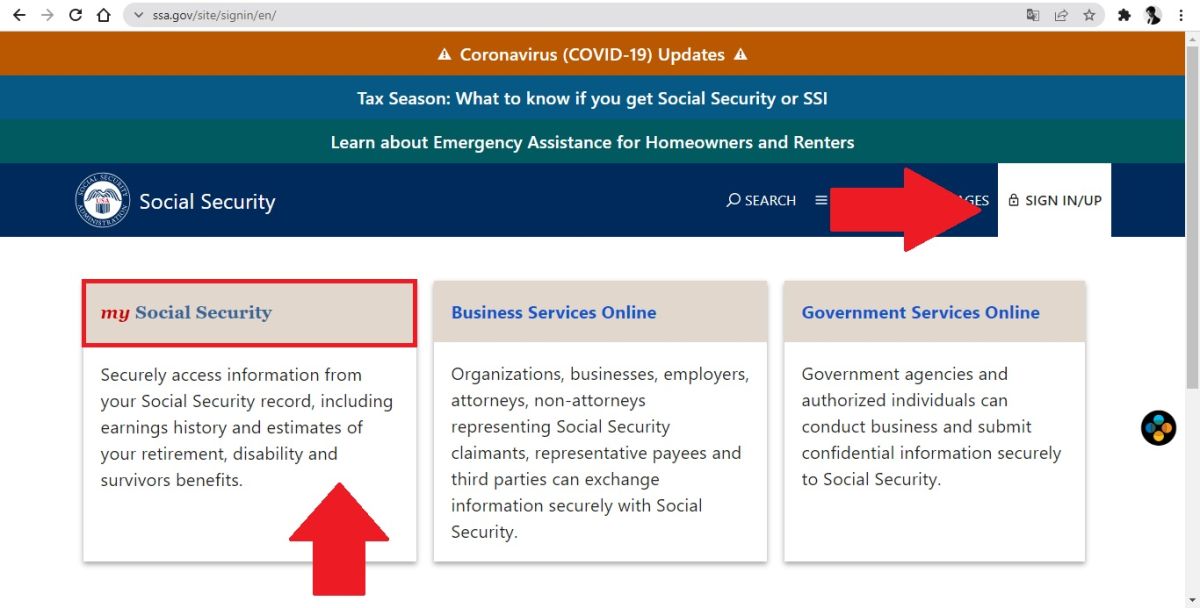 Captura de pantalla de la página oficial de la Administración del Seguro Social