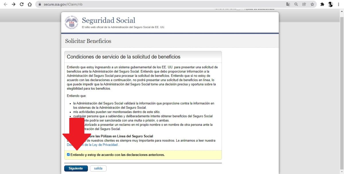 Captura de pantalla de la página principal de solicitud de beneficios de la Administración del Seguro Social (SSA)