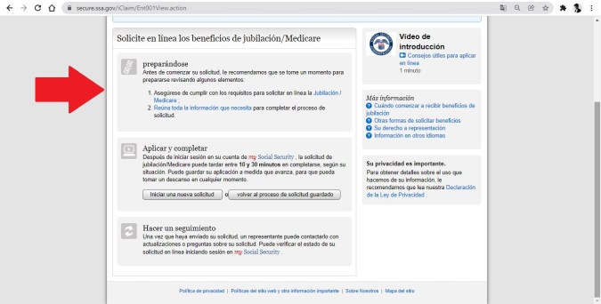 Captura de pantalla de la página principal de solicitud de beneficios de la Administración del Seguro Social (SSA).