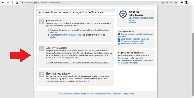 Captura de pantalla de la página principal de solicitud de beneficios de la Administración del Seguro Social (SSA)