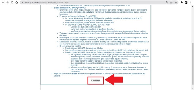 Captura de pantalla de la página de aplicación del programa SNAP en Nueva Jersey.