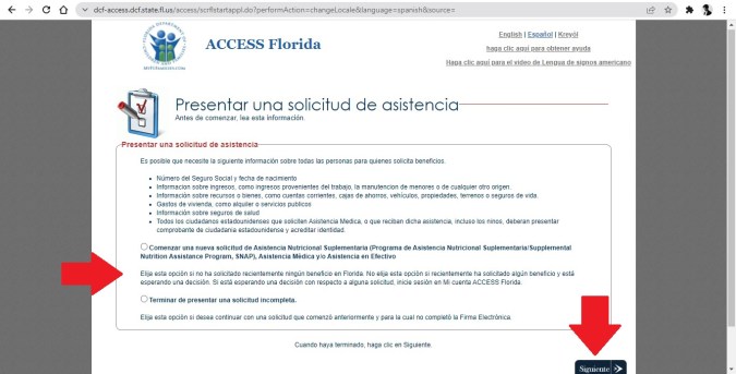 Captura de pantalla del sistema ACCESS Florida para solicitar el beneficio SNAP.