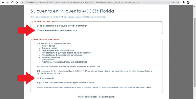 Captura de pantalla del sistema ACCESS Florida para solicitar el beneficio SNAP.