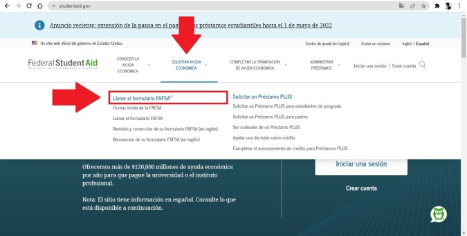 Captura de pantalla de la página oficial de la Oficina de Ayuda Federal para Estudiantes.