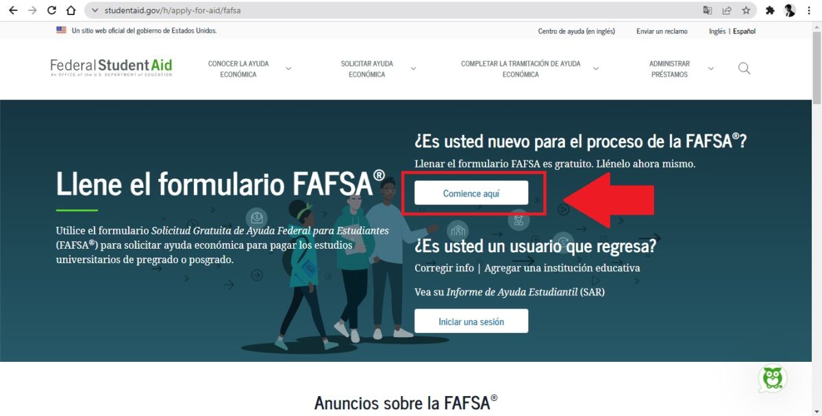 Captura de pantalla de la página oficial de la Oficina de Ayuda Federal para Estudiantes.