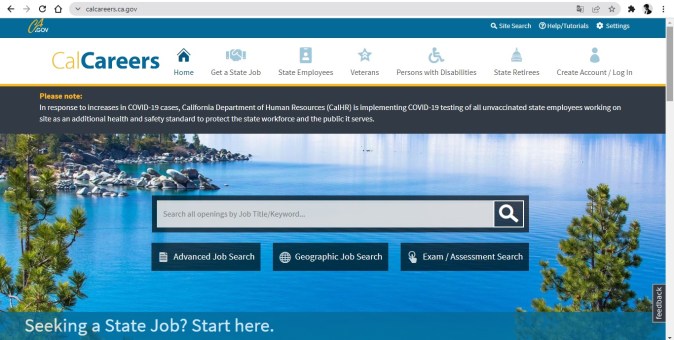 Captura de la página oficial de búsqueda de empleos estatales del gobierno de California.
