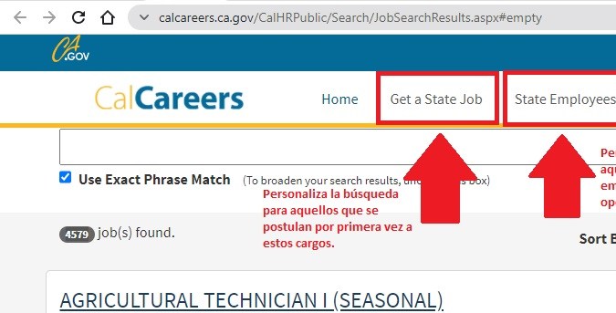 Captura de la página oficial de búsqueda de empleos estatales del gobierno de California.