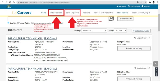 Captura de la página oficial de búsqueda de empleos estatales del gobierno de California.