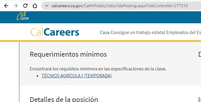 Captura de la página oficial de búsqueda de empleos estatales del gobierno de California.