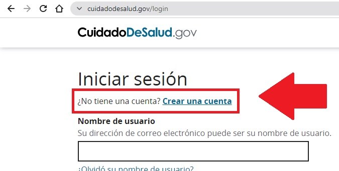 Captura de pantalla mostrando la página para crear una cuenta en cuidadosdesalud.gov
