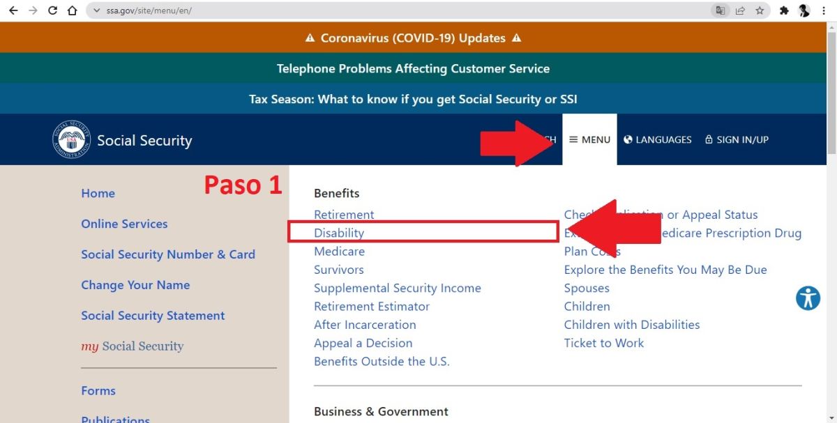 Captura de pantalla de la página oficial de la Administración del Seguro Social.
