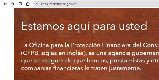 Captura de el sitio web oficial de la Oficina para la Protección Financiera del Consumidor de Estados Unidos.