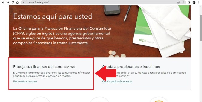Captura de el sitio web oficial de la Oficina para la Protección Financiera del Consumidor de Estados Unidos.