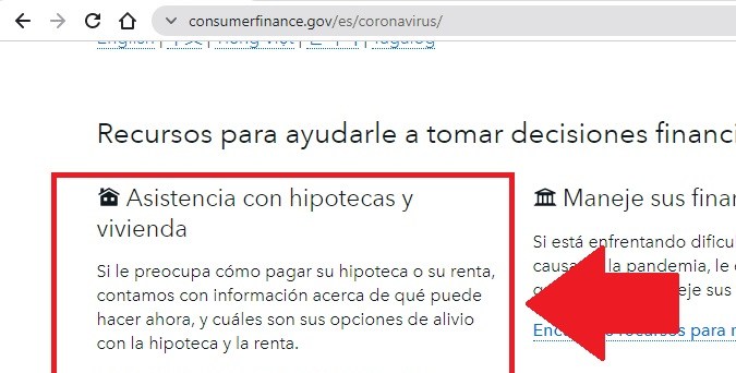 Captura de el sitio web oficial de la Oficina para la Protección Financiera del Consumidor de Estados Unidos.
