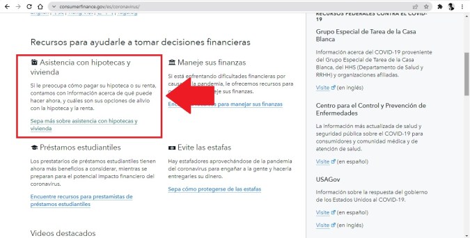 Captura de el sitio web oficial de la Oficina para la Protección Financiera del Consumidor de Estados Unidos.