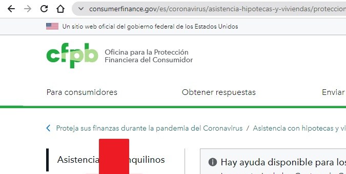 Captura de el sitio web oficial de la Oficina para la Protección Financiera del Consumidor de Estados Unidos.
