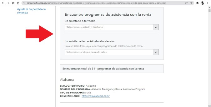 Captura de el sitio web oficial de la Oficina para la Protección Financiera del Consumidor
