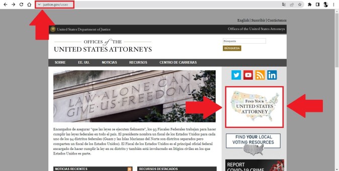 Captura de pantalla del sitio web oficial del Departamento de Justicia de los Estados Unidos.