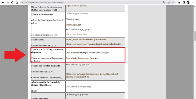 Captura de pantalla del sitio web oficial del Departamento de Justicia de los Estados Unidos.