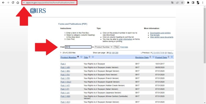 Captura de pantalla de la página web oficial del Servicio de Impuestos Internos de Estados Unidos (IRS).