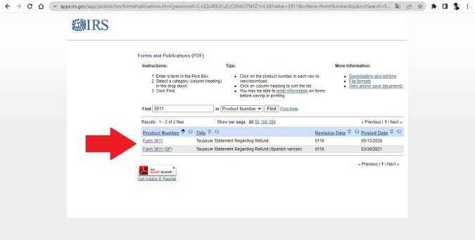 Captura de pantalla de la página web oficial del Servicio de Impuestos Internos de Estados Unidos (IRS).