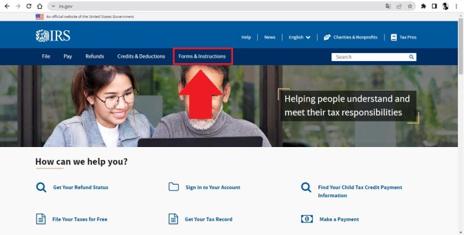 Captura de pantalla de la página web oficial del Servicio de Impuestos Internos de Estados Unidos (IRS).