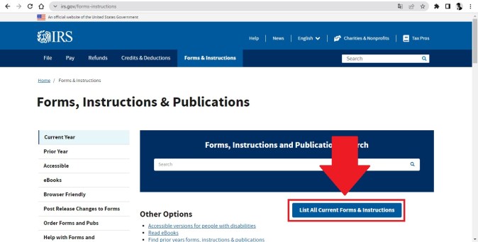 Captura de pantalla de la página web oficial del Servicio de Impuestos Internos de Estados Unidos (IRS).