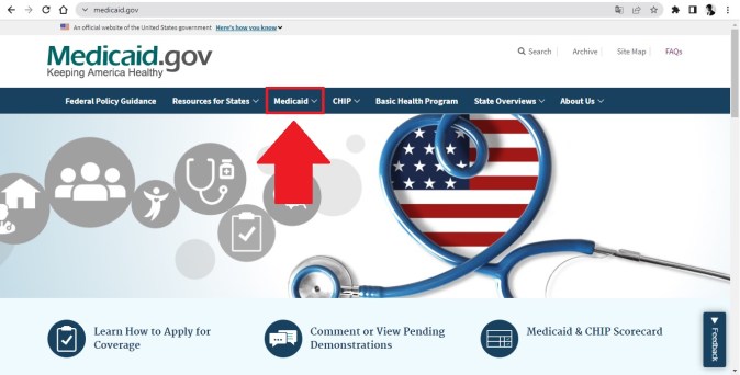 Captura de pantalla de la página web oficial de Medicaid en Estados Unidos.