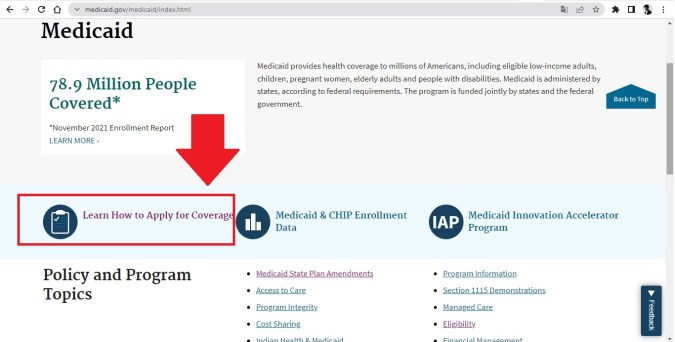 Captura de pantalla de la página web oficial de Medicaid en Estados Unidos.