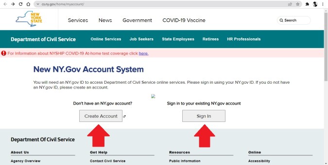 Captura de pantalla de la página de postulaciones a empleos estatales del gobierno de Nueva York