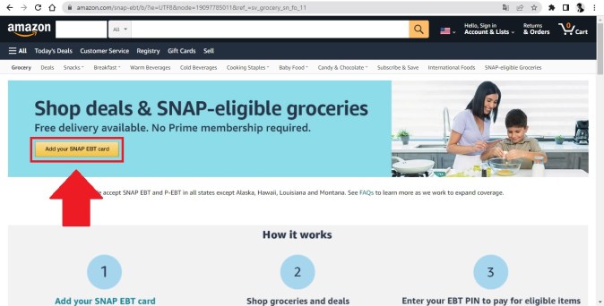Captura de pantalla de la página web de Amazon para la compra con los beneficios del programa SNAP.