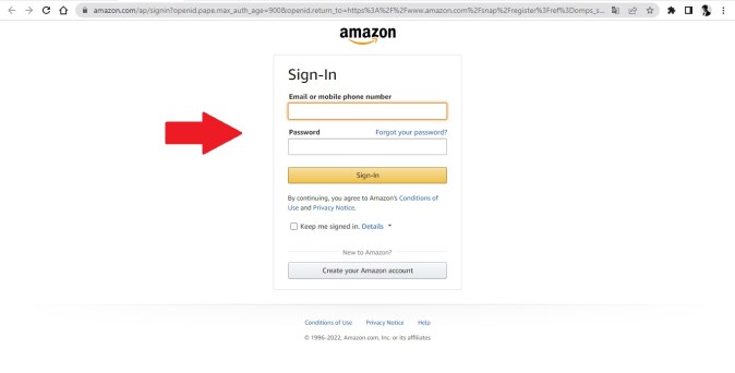 Captura de pantalla de la página web de Amazon mostrando el inicio de sesión.