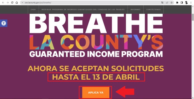 Captura de pantalla de la web oficial del programa Breathe en California
