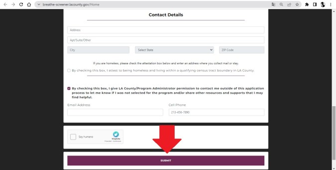 Captura de pantalla del formulario de solicitud online del programa Breathe en California.